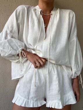 Rouri Linen Blouse Top Billowy White Cream One Size